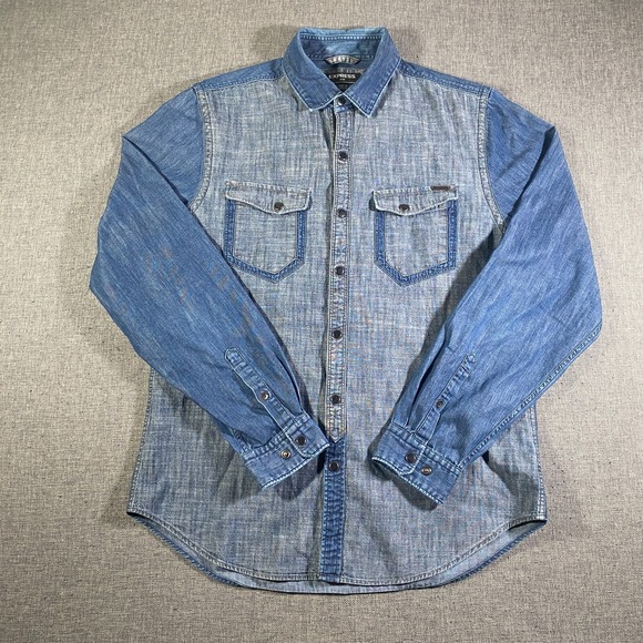 Express Denim Pearl Snap Button Shirt Mens Size Medium Grey Colorblock Western - Picture 1 of 7